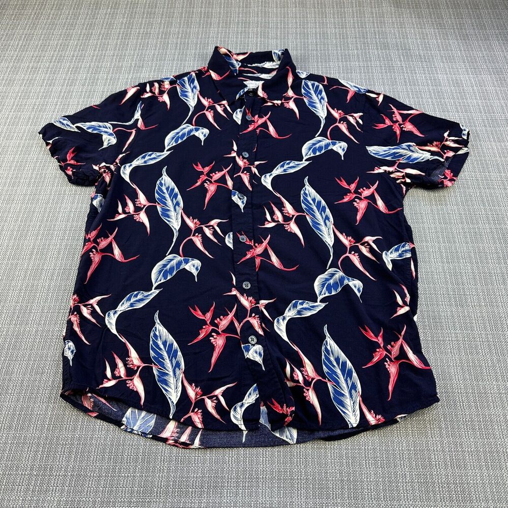 Cotton & Co Tropical Hawaiian Shirt Medium Navy Floral‎ Resort Vacation Coastal